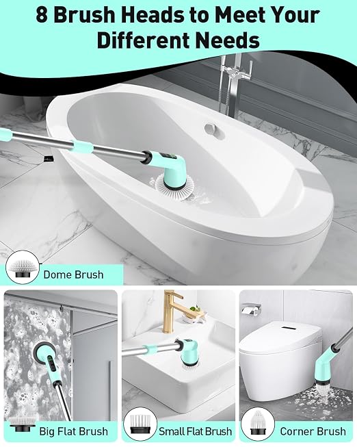 Shower Scrubber with Long Handle, Bathroom Cleaner Brush with 8 Floor Machine Pads, Cordless Electric Spin Scrubber for Cleaning with 2 Speed, Cleaning Supplies for Bathtub Kitchen Floor Mint