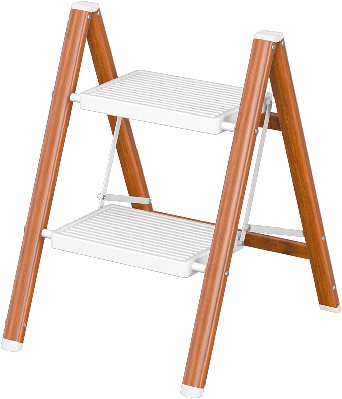 DIAMONDFORGE 2 Step Ladder, Lightweight Folding Step with Wide Anti-Slip Pedal & Feet, 330 lbs Capacity,Sturdy Steel Step Ladder for Home,Office and Library,Light Woodgrain