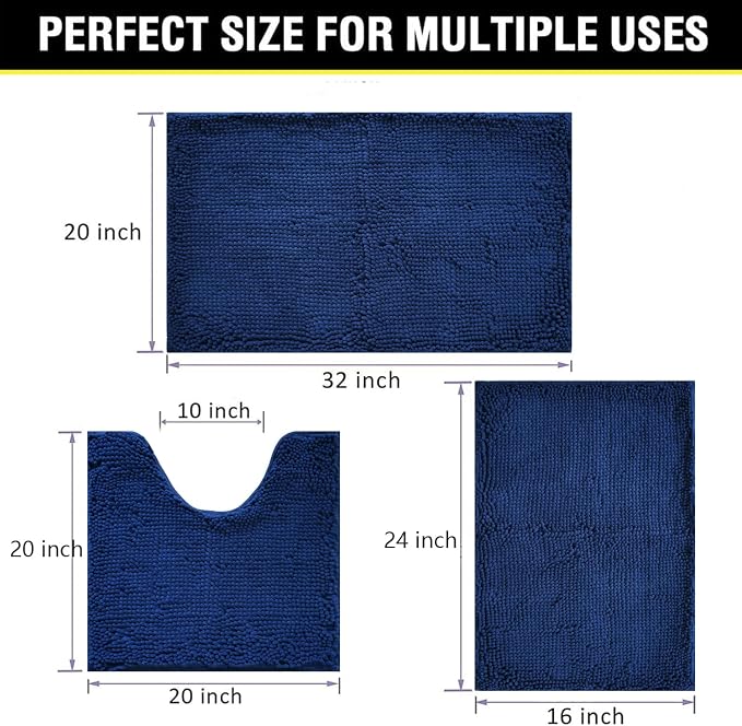 Bathroom Rugs Chenille 3-Piece Extra Soft and Absorbent Shag Bathroom Rugs, Machine Wash Mat, Strong PVC Non-Slip Underside, Plush Carpet Mats (Navy Blue)