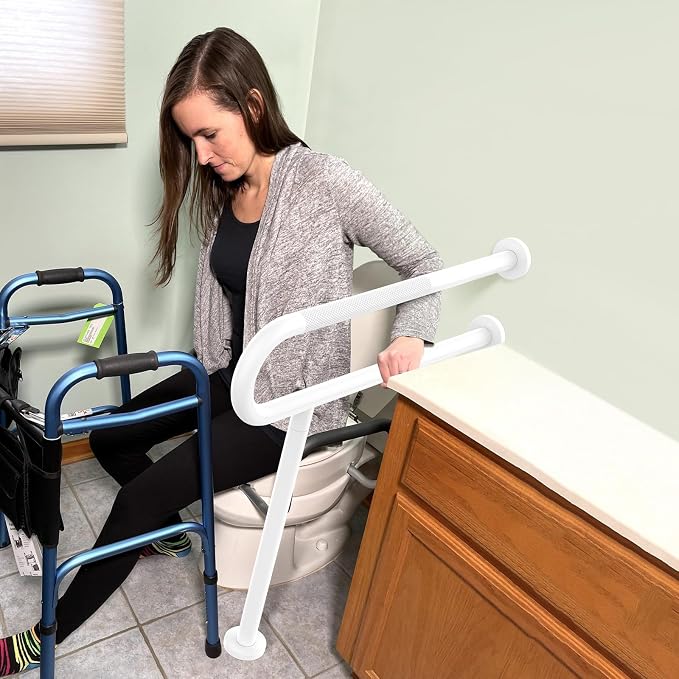 White Toilet Support Rail 32 Inch, Munzong Anti-Slip Floor to Wall Handicap Grab Bar for Bathroom, Stainless Steel Knurled Safety handrails with Leg for Elderly Disabled Pregnant-1.25’Tube
