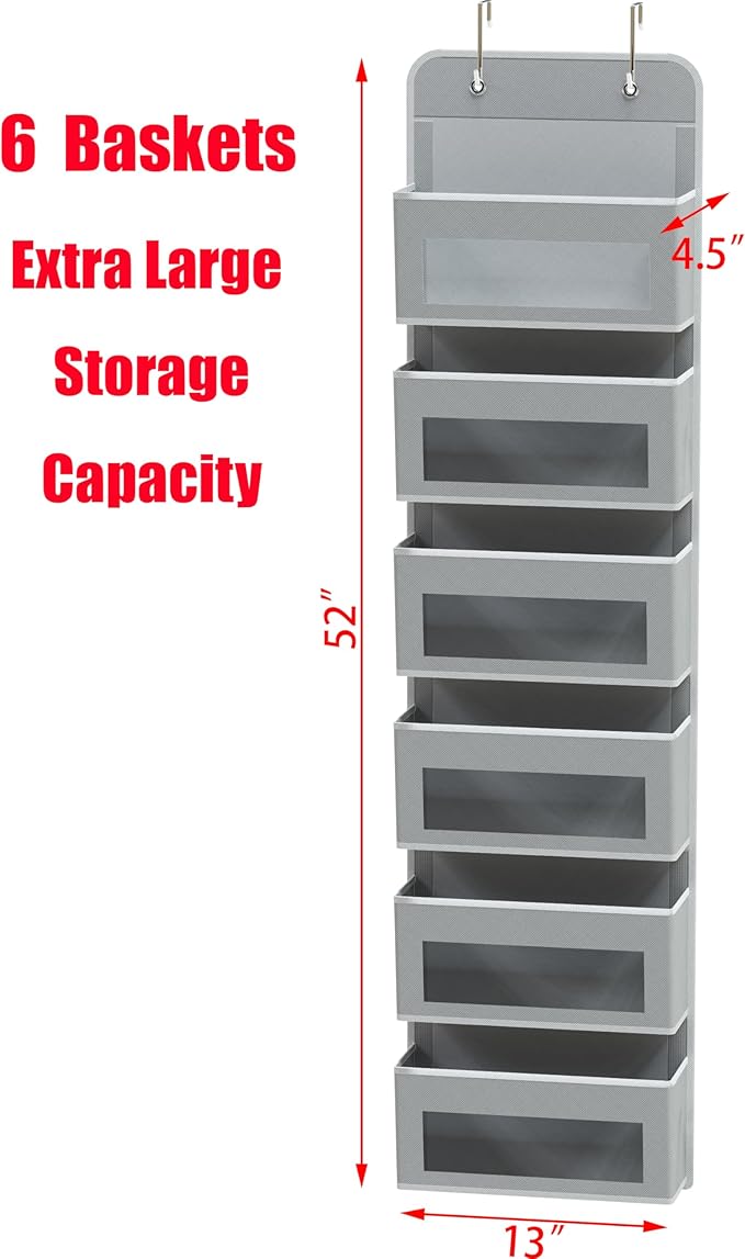 Simple Houseware 6 Clear Window Pocket Over Closet Door Storage Hanging Organizer for Bedroom, Bathroom, Pantry, Gray