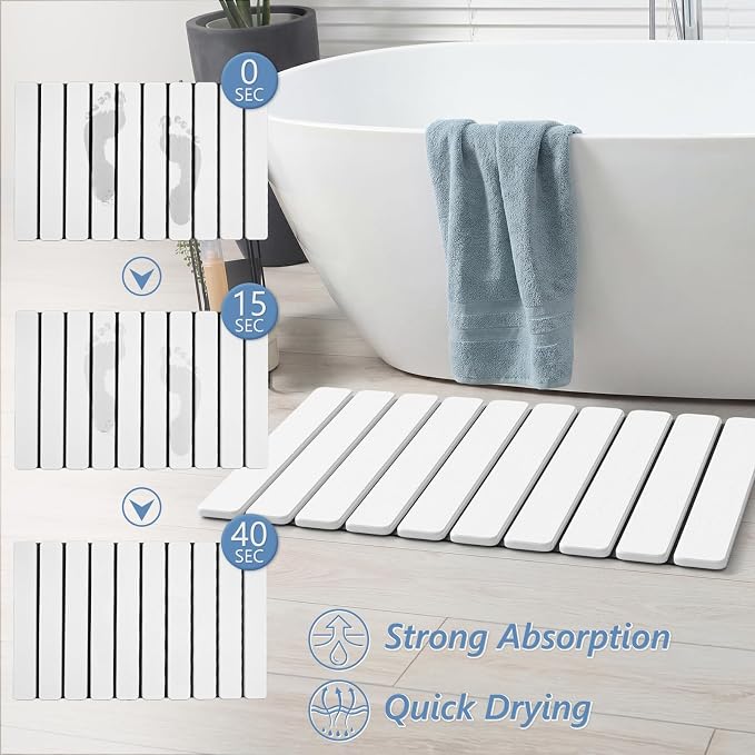 AWW Foldable Stone Bath Mat, Quick Dry Diatomaceous Earth Bath Mat with Non-Slip Mat, Super Absorbent, Easy to Clean, Compact for Small Bathrooms, 23.6 x 15.5, White