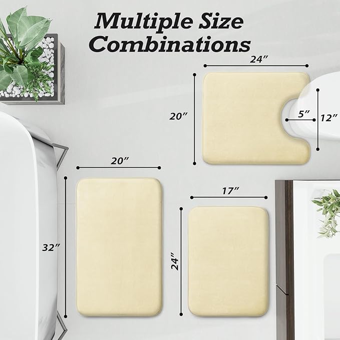 HUXMEYSON Bathroom Rugs Sets 3 Piece, Non-Slip & Quick Dry Bath Mat Set, Ultra Soft Velvet Bath Rugs for Bathroom, Toilet and Shower Floor, Cream Yellow