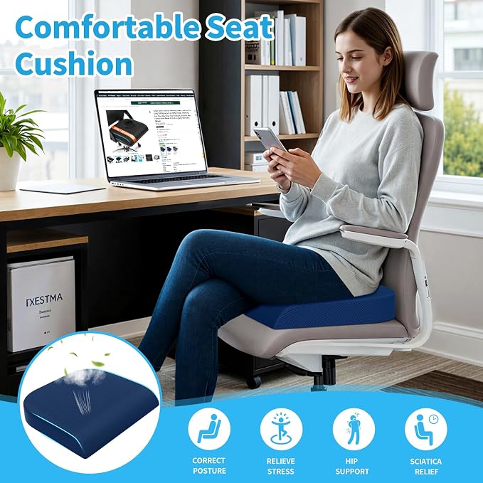 TranquilRelax XLarge Seat Cushion, Memory Foam Cushion for Long Sitting Hours on Office Chair, Home & Car, Non-Slip Chair Pad for Relieving Back & Sciatica & Hip & Coccyx Pain (Blue)