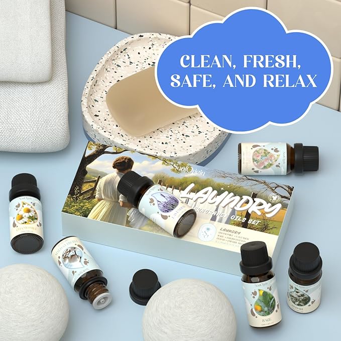 Soulorigin Laundry Fragrance Oils Set, Essential Oil for Diffuser, Aromatherapy Gift, Clean Scent Diffuser Oil, Use with Wool Dryer Balls,Chamomile, Fresh Cotton, Sage, Cedar, Lavender, Cherry Soap
