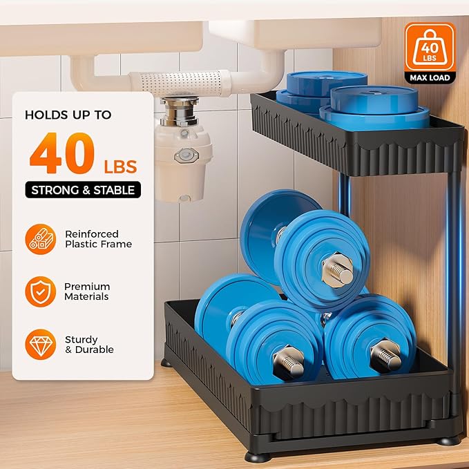 Sevenblue 3 Pack Multi-Purpose Pull-Out Storage Organizers, 2-Tier L-Shaped Under Sink/Cabinet Organizers and Storage for Bathroom & Kitchen, (Black, 12.85 Inches)