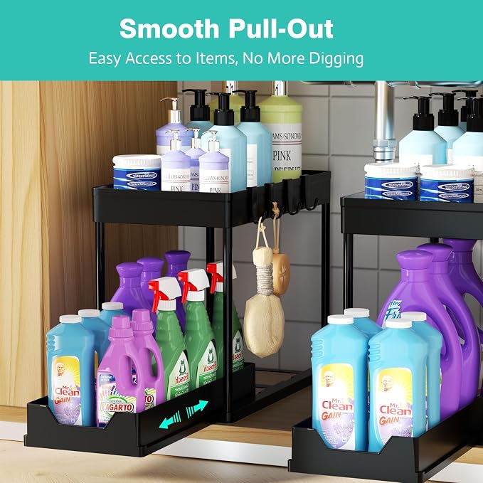 Under Sink Organizers 2 Pack, Pull-Out Sliding Cabinet Organizer with 2-Tier Storage Shelf & 4 Hooks, Multi-Purpose for Kitchen & Bathroom (13 Inch, Black)
