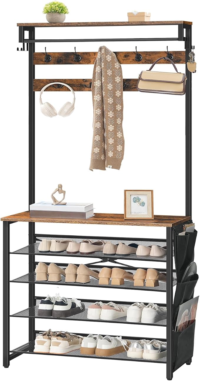 HOOBRO Hall Tree with Bench, Entryway Coat Rack with Shoe Rack, 39.4" Shoe and Coat Rack, 5 Tier Shoe Storage Organizer with Oxford Fabric Side Pockets, Adjustable Mesh Shelves, Rustic Brown BF76MT01