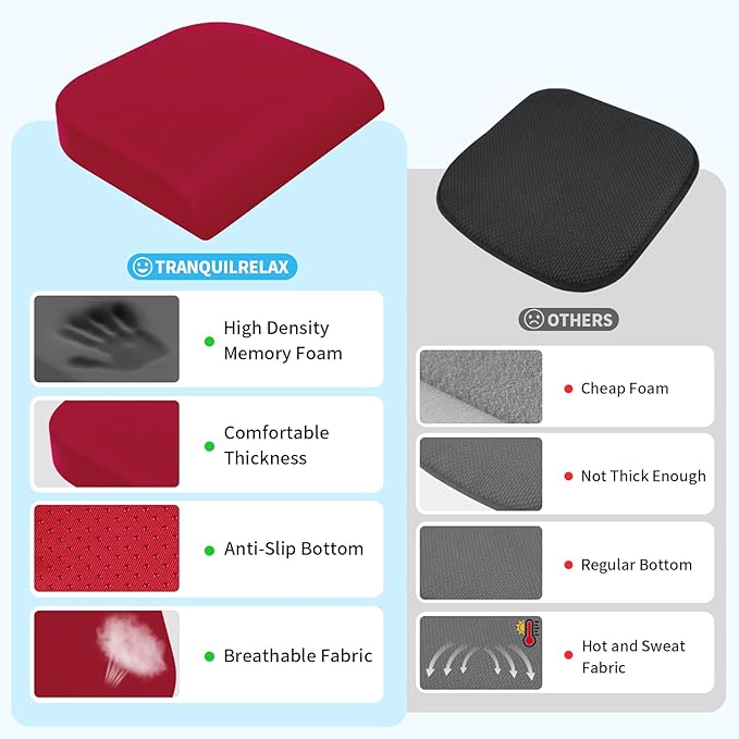 TranquilRelax Large Seat Cushion, Memory Foam Cushion for Long Sitting Hours on Office Chair, Home & Car, Non-Slip Chair Pad for Relieving Back & Sciatica & Hip & Coccyx Pain (Red)