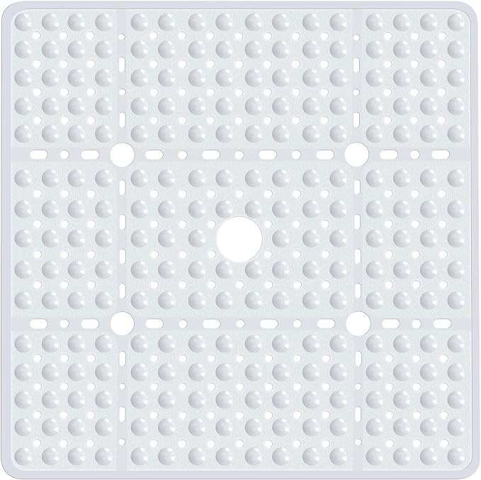 Large Square Shower Mat 27 x 27 Inch White, Non Slip Shower Bathtub Mats for Inside Shower With Big Suction Cups Drain Holes, Anti Slip Bathroom Floor Shower Stall Mats, Easy Clean, BPA-Free