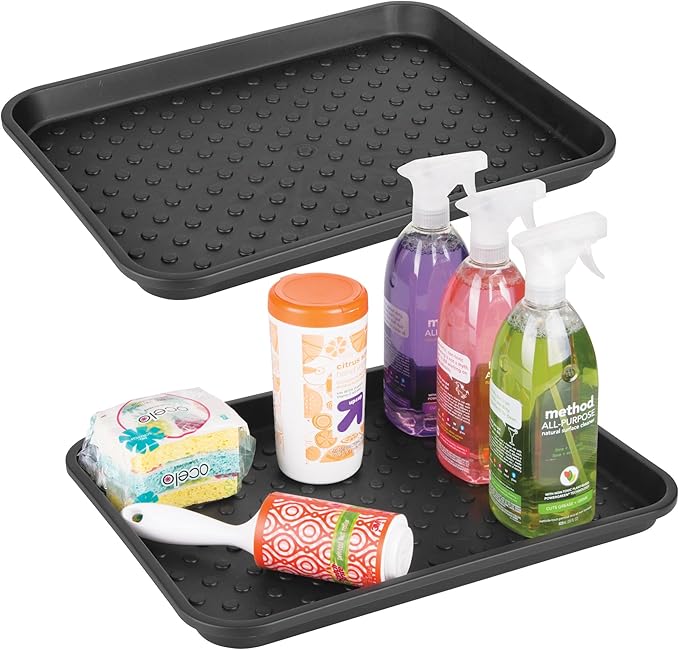 iDesign Plastic Under Sink Mat Tray for Kitchen Cabinet, Bathroom, Entryways, Office, Mudroom, College Dorm, (Set of 2), 17" X 13" X 2", Black