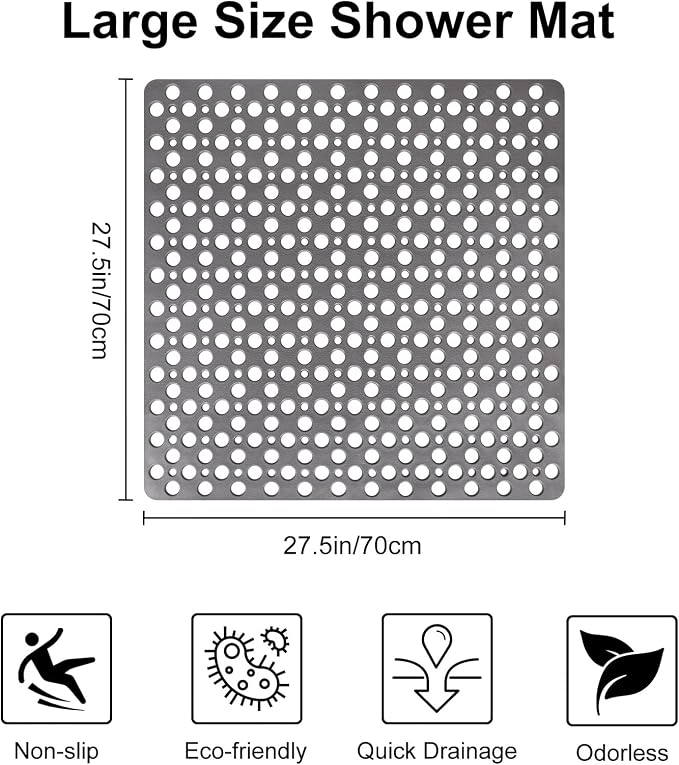 Anti Slip Shower Mat with Suction Cups,27x27 Inch Quick Drain TPE Non Slip Shower Mats for Inside Shower,Large Bath Mat for Shower Soft on Feet, Easy to Dry&Cut Machine Washable