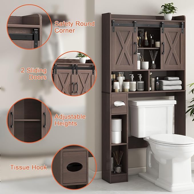 Vabches Over The Toilet Storage Cabinet, Farmhouse Storage Cabinet Over Toilet with Sliding Doors & Toilet Paper Holder Stand，Home Space-Saving Toilet Rack, for Bathroom, Laundry and Restroom