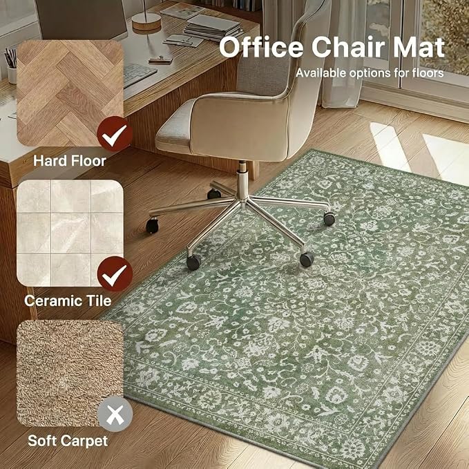48"x72" Office Chair Mat for Hardwood Tile Floor, Under Desk Carpet Protector for Rolling Computer Chair Mat, Machine Washable Area Rug, Anti-Slip 1/5" Thick Low Pile Thin Vinyl Floor Mat, Sage