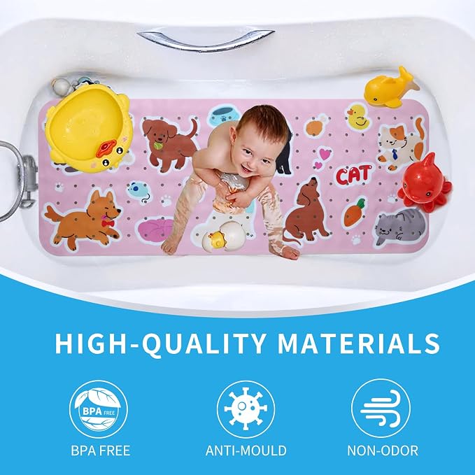 Baby Bath Mat for Tub Non Slip Kids Bathtub Mat Extra Long 40X16 Inch Toddler Bath Tub Shower Mat Anti Slip with Suction Cups & Drain Holes, Machine Washable (Cat Dog)