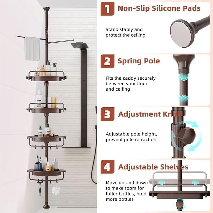 XLHOMO 32-122inch Corner Shower Caddy Tension Pole Brown, Rustproof Drill-Free Shower Shelves for Bathroom Bathtub Washbasin, Adjustable Shower Organizer with 4 Tier Patent Stable Shelves & Towel Bars