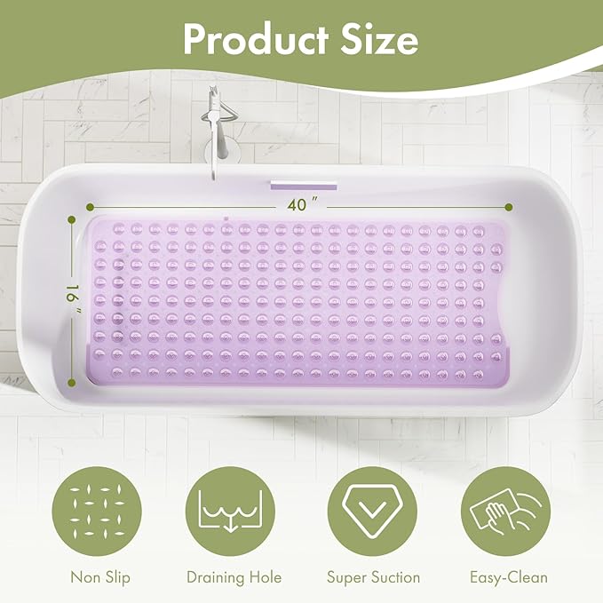 AmazerBath Shower Mat Non Slip 40 x 16 Inches, Shower Stall Mats with Suction Cups and Drain Holes, Non Slip Bath Mat for Tub for Elderly & Kids, Clear Purple