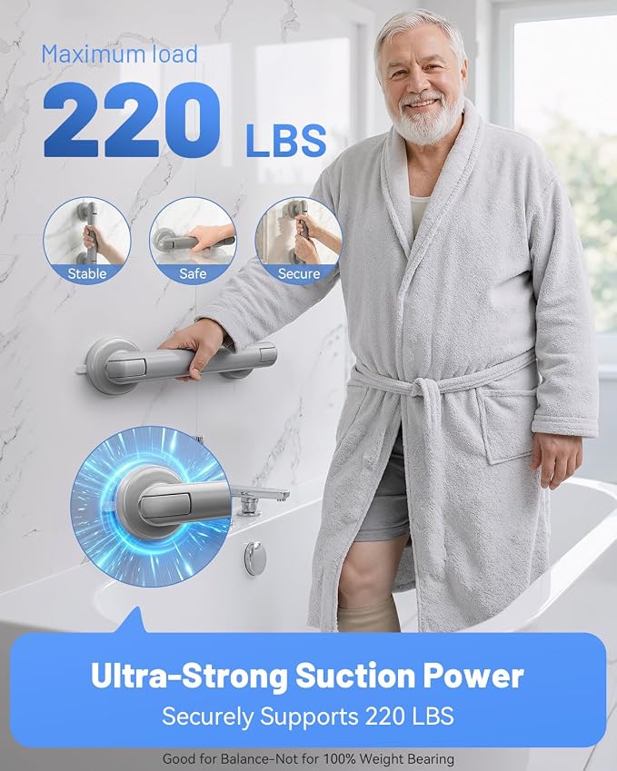 JOTPE 2 Pack Suction Cup Grab Bars for Shower, Heavy Duty Shower Handle for Bathroom Safety, Tool-Free Removable Bathtub Grab Bar for Elderly Balance Support, Grey