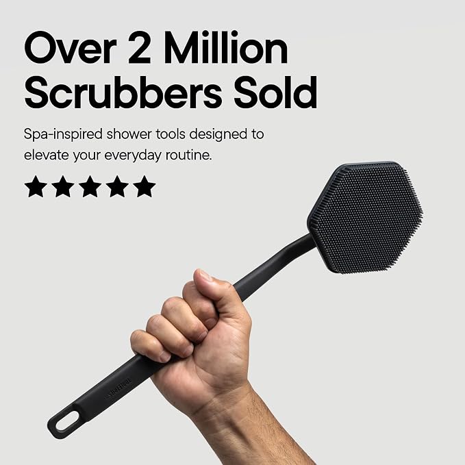 TOOLETRIES Silicone Back Scrubber for Shower, Exfoliating Body & Bath Brush, Long Ergonomic Handle, Non-Slip Grip for Hard-to-Reach Areas, Hygienic Silicone Bath Accessory for Men & Women - Charcoal