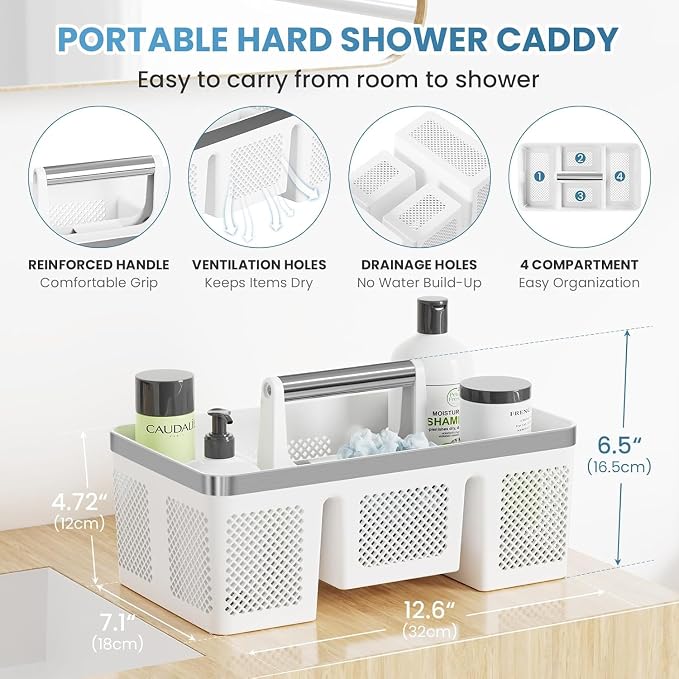 BYUNER Plastic Shower Caddy Dorm: Portable Shower Basket Tote with Handle, 4 Compartments, All-Side Drainage, Hard Bathroom & Cleaning Caddy Organizer for college Dorm Room Essentials, White/Silver