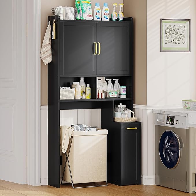 UPOSOJA Over The Toilet Storage Cabinet with Pulley Bathroom Storage Cabinet, Space Saver W/Adjustable Shelf & Open Shelf for Bathroom, Restroom, Laundry (Black)