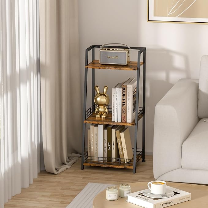 3-Tier Bathroom Shelf with Fence, Retro Bathroom Organizers and Storage Stand, Wood Shelving Unit with Metal Frames, Classic Open Floor Storage Shelves for Bathroom, Laundry Room, Living Room