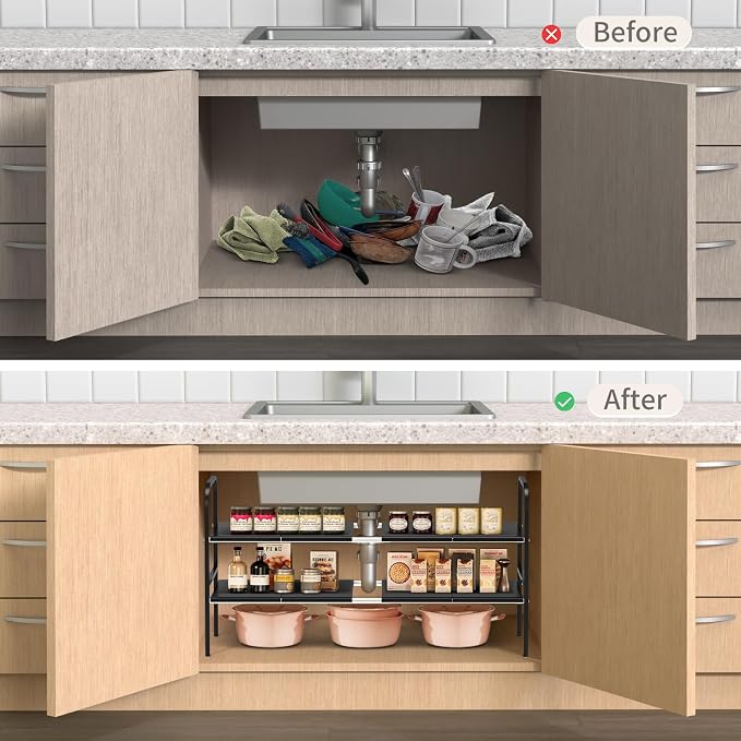 Expandable 2-Tier Under Sink Organizer, 8 Removable Plastic Boards, Tool-Free Installation (Black, 2-Tier 8 Boards)