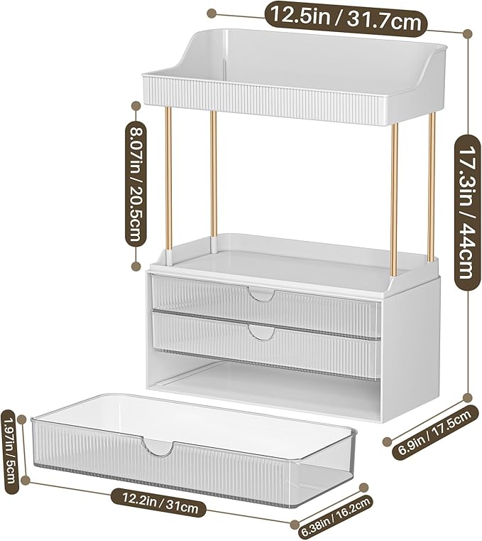 caktraie 2 Pack Bathroom Counter Organizer - 3 Drawers Makeup Organizer, Cosmetic Storage Drawer for Dresser Countertop and Bathroom Vanity for Large Skincare, Perfume, Clear