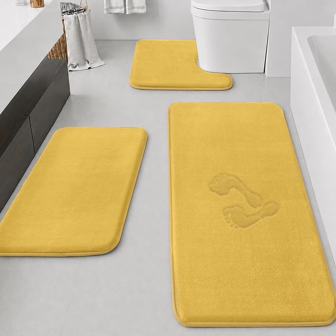 HUXMEYSON Bathroom Rugs Sets 3 Piece, Non-Slip & Quick Dry Bath Mat Set, Ultra Soft Velvet Bath Rugs for Bathroom, Toilet and Shower Floor, Yellow