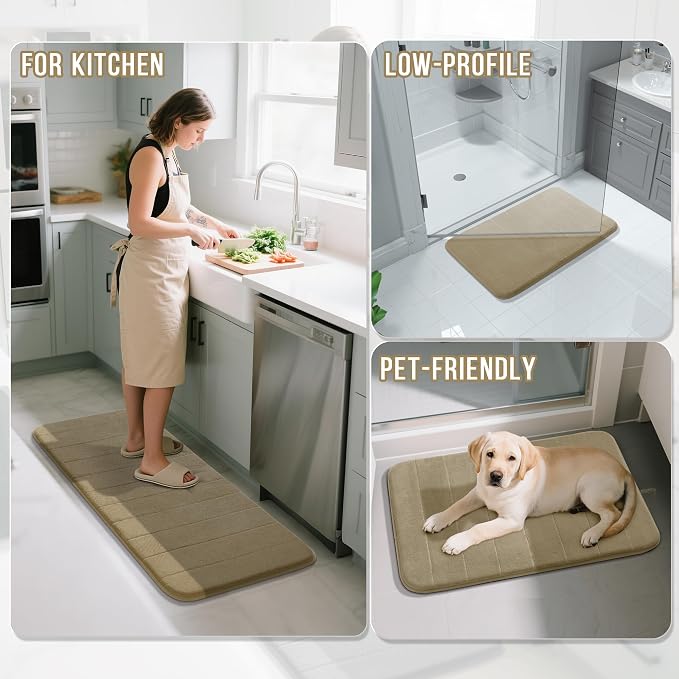 Yimobra Memory Foam Bath Mat Set 3 Pieces- Super Soft Absorbent Quick Dry Bathroom Rug Sets, Machine Washable Non Slip Floor Carpet for Tub Shower, Vanity & Toilet Base, Pale Khaki