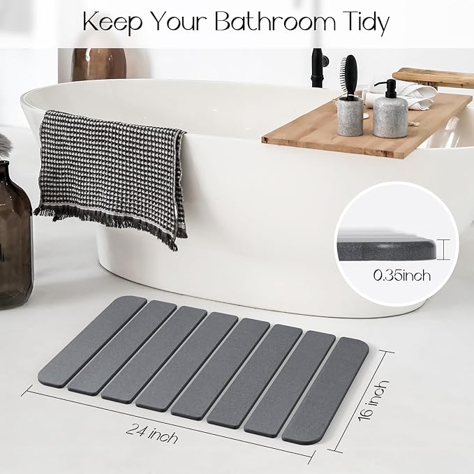 Diatomaceous Earth Stone Bath Mat Non-Slip, Foldable Stone Bath Mats for Bathroom Quick Dry, Super Absorbent Diatomaceous Earth Mats 24 x 16 Inch Quick Drying, Eco-Friendly Easy to Clean - Grey 1Pack