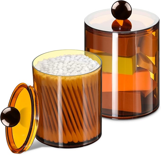 XIPENGKEJI 2 Pack Qtip Holder,Canister Apothecary Jar Set, Bathroom Jars with Lids Set for Cotton Swabs, Balls, Pads, Floss Picks,10oz-12oz Plastic Canisters Restroom Bedroom Vanity Organizer(Brown)