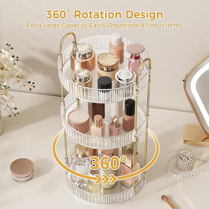 Oifecsie 360° Rotating Makeup Organizer, Large Capacity SkinCare Organizer, 3 Tier Cosmetic Skin Care Perfume Dresser Organizer, Fits Cosmetics, Perfume, Skin Care, Lipstick