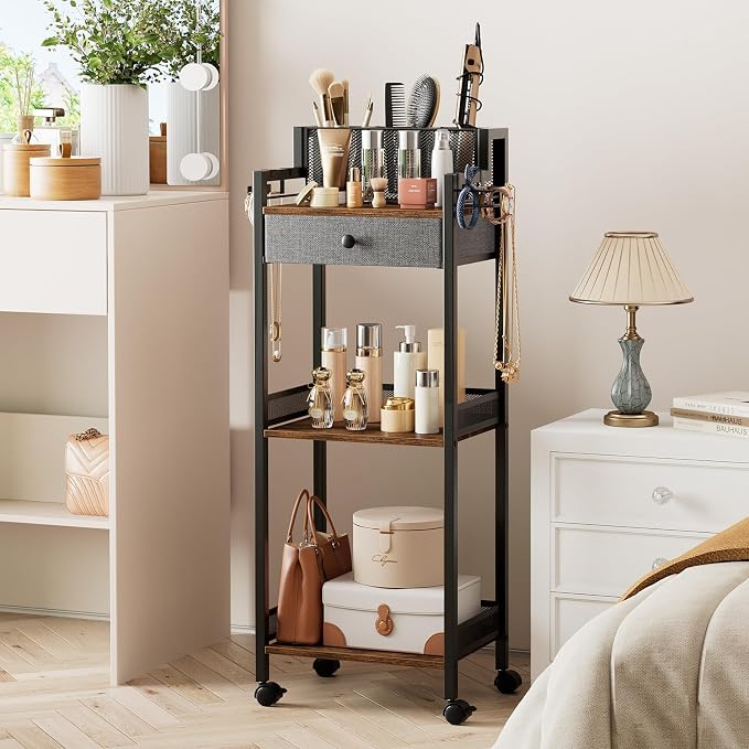 Bathroom Shelves with Drawer, 3 Tier Metal Rolling Standing Unit Storage Organizers with Toilet Paper Holder, Multifunctional Floor Corner Rack for Cosmetic, Dryer Curling Irons 12.8in Wide