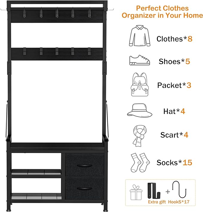 Lulive Hall Tree, 31.5” Entryway Bench with Coat Rack freestanding, 5 in 1 Intelligent Design Shoe Bench and Wall Rack 17 Hooks and Drawers (Black)