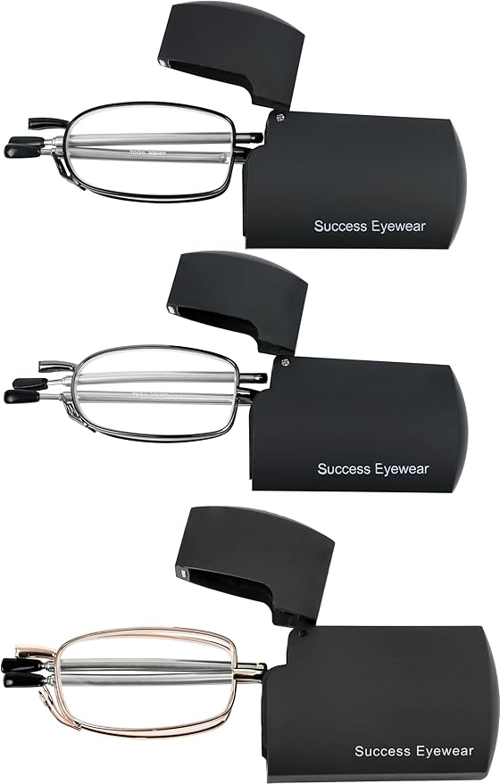 Success Eyewear Reading Glasses 2 Pair Black and Gunmetal Readers Compact Folding Unisex Glasses for Reading Case Included