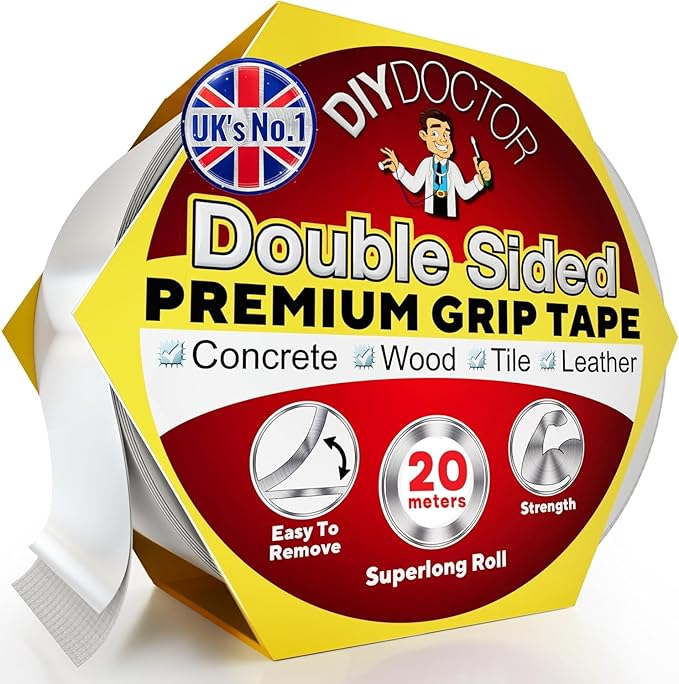 DIY Doctor Heavy Duty Double Sided Carpet Tape – 20m Long x 21mm Wide, No Residue Extra Strong Sticky Rug Grip Adhesive Tape, Ideal for Home & Professional Use
