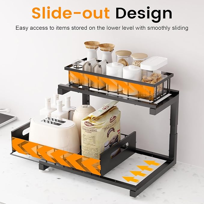 Under Sink Organizer, Heavy Duty Metal Pull Out Cabinet Organizer Slide Out Sink Shelf Organizer Height Adjustable, Multi-Purpose Storage Shelf for Kitchen Bathroom(Black,2Pack)