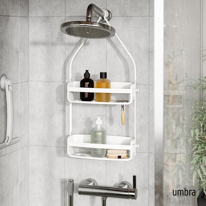 Umbra Flex Hanging Shower Caddy with 2 Shelves, Bathtub Shelf and Bathroom Organizer, White