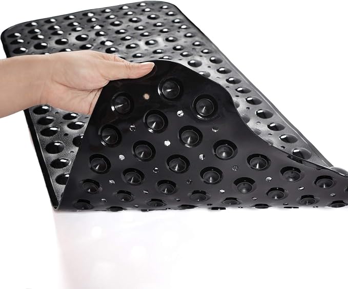 TEESHLY Bathtub Mats for Shower Tub, Extra Long Non-Slip 39 x 16 Inch Bath Mat with Drain Holes and Suction Cups, BathMat for Bathroom with Machine Washable (Opaque Black)