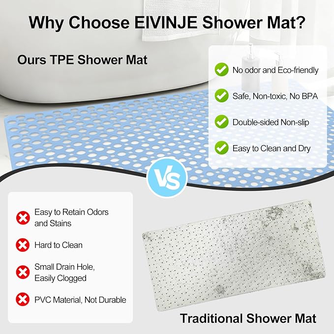 Anti Slip Shower Mat with Suction Cups,31.5x47.2 Inch Quick Drain TPE Non Slip Shower Mats for Inside Shower,Large Bath Mat for Shower Soft on Feet, Easy to Dry&Cut Machine Washable