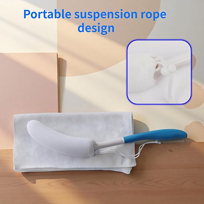 Long Handle Bath Brush for Elderly, Shower Scrubber for Back Exfoliation, Non-Slip Grip for Seniors & Pregnant Women, 15.35 Inch Body Scrubber for Effortless Independence, Blue