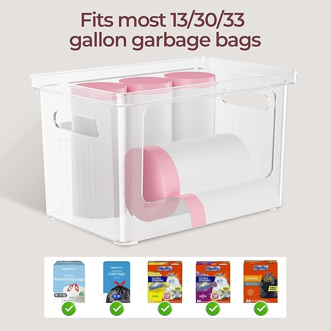 Delamu Acrylic Trash Bag Holder, 2 Pack (XL+S) Stackable Garbage Bag Dispenser, Clear Organizer Bins for Under Sink Organization, Pantry Storage, Cabinet, Kitchen, Laundry, Bathroom