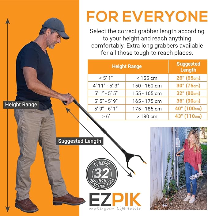 EZPIK Classic 32” Folding Grabber Reacher Tool with Dual Magnets, Heavy Duty Trash Picker Upper Grabber for Seniors & Disabled Users, Aluminum Pickup Tool for Everyday Reaching Aids (Black, 2 Pack)