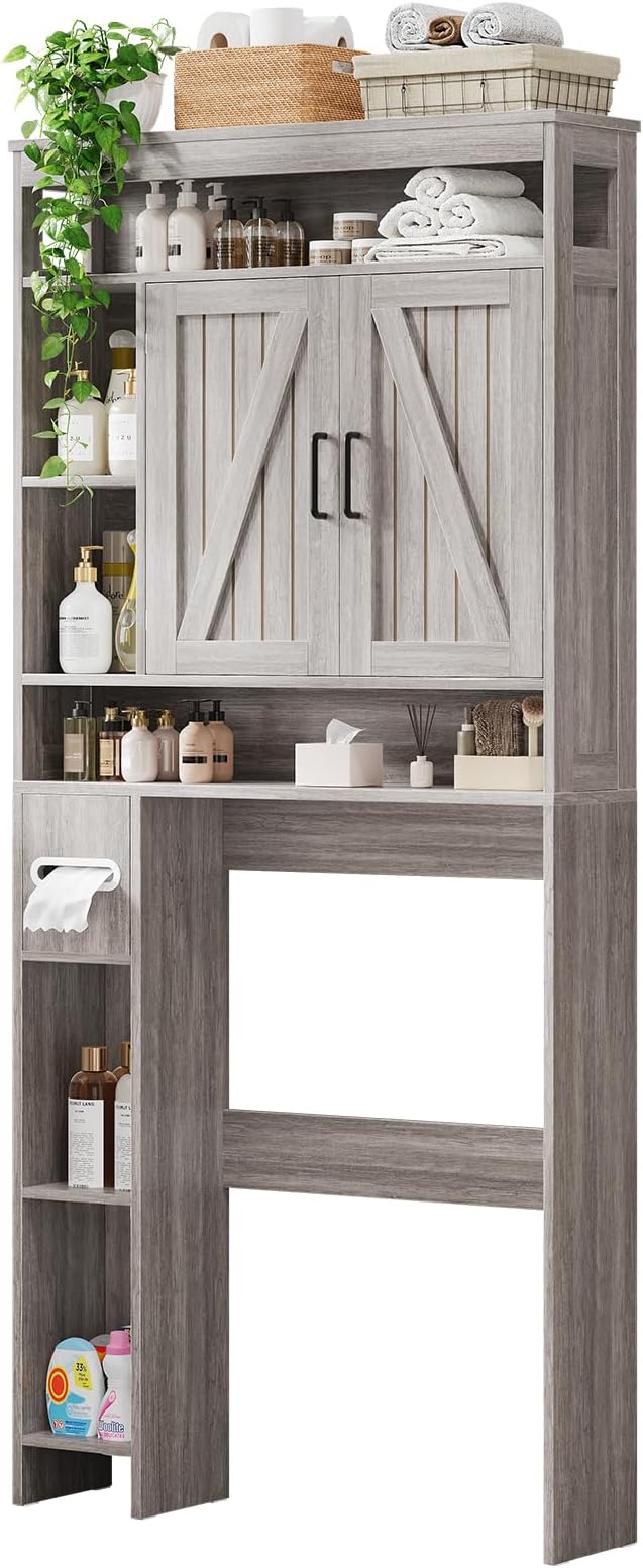 Over The Toilet Storage Cabinet with 2 Barn Doors & Built-in Toilet Paper Holder, Farmhouse Space-Saving Organizer for Bathrooms and Laundry Room, Grey