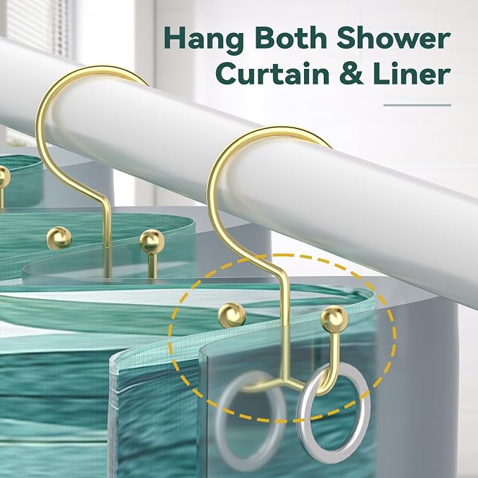 Goowin Shower Curtain Hooks, 12 Pcs Shower Curtain Rings, Durable Gold Shower Curtain Hooks, Double Glide Shower Curtain Rings Rust Proof, Simple Shower Hooks for Shower Curtain & Liner, Gold