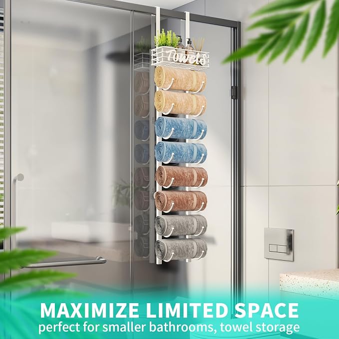 HapiRm Towel Racks for Bathroom Storage - 9 Tier Over The Door & Wall Mount Rolled Towel Storage Organizer Holder with Metal Shelf Basket for Small Bathroom, Camper, Rv - White, Patented