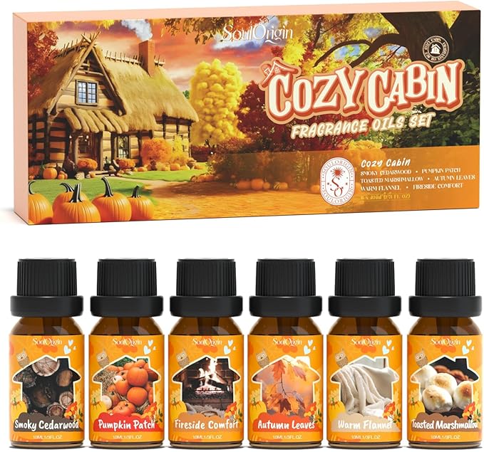 Soulorigin Fall Cozy Cabin Fragrance Oils Set, Essential Oil for Diffuser, Use for Soap Candle Making-Smoky Cedar Wood, Roasted Marshmallows, Autumn Leaves, Warm Flannel, Fireplace Time, Pumpkin Patch