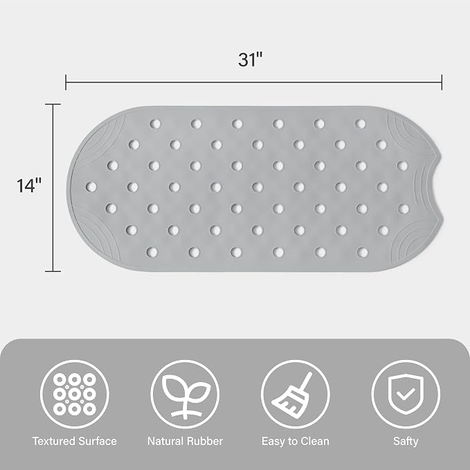 Rubber Bathtub Mat Shower Mat Non-Slip, 31x14 Inch, Bath Tub Floor Mat with Suction Cups and Drainage Holes, Grey