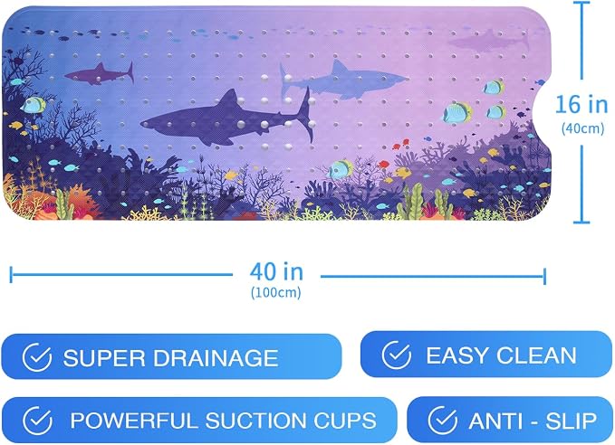 Blue Sea Bathtub Mat Non Slip for Kids 40x16in Extra Long Shark Ocean Whale Tropical Fish Anti Slip Shower Mat for Bathroom with Large Drain Holes and Suction Cups Quality Bath Mats and Bathtub Decor